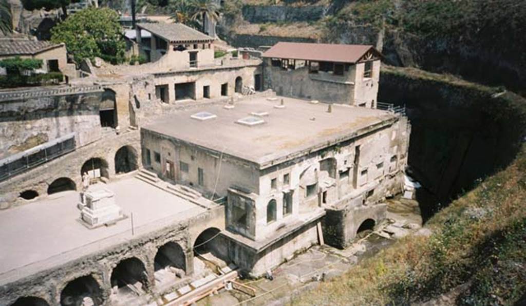 Herculaneum, May 2007. Looking north-east towards the Terrace of Balbus with the east end of the arched beachfront openings below. On the upper right of centre is the “tower” room of the House of Relief of Telephus, and in the centre is the roof of the Suburban Baths. Photo courtesy of Buzz Ferebee.